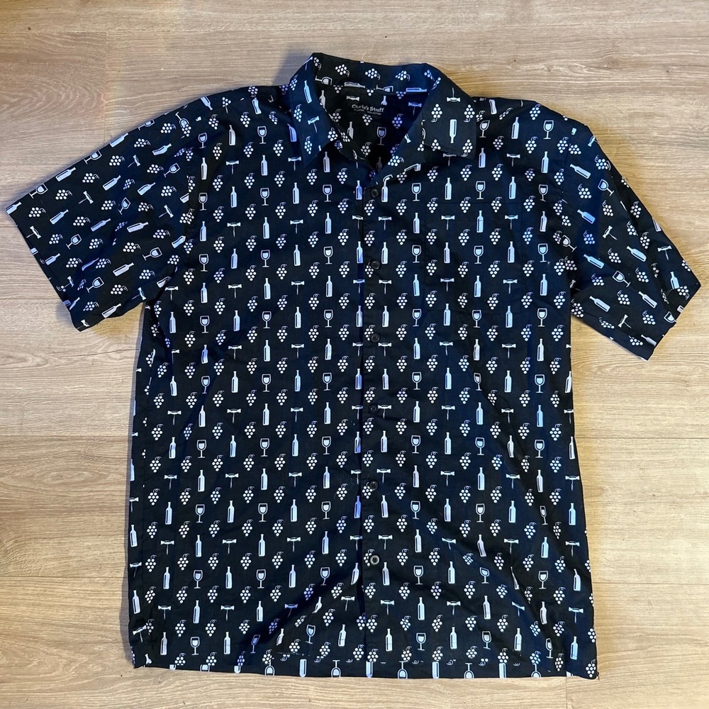 Chris's Stuff Mens XL Black Wine Print Cotton‎ Short Sleeve Button Down Shirt